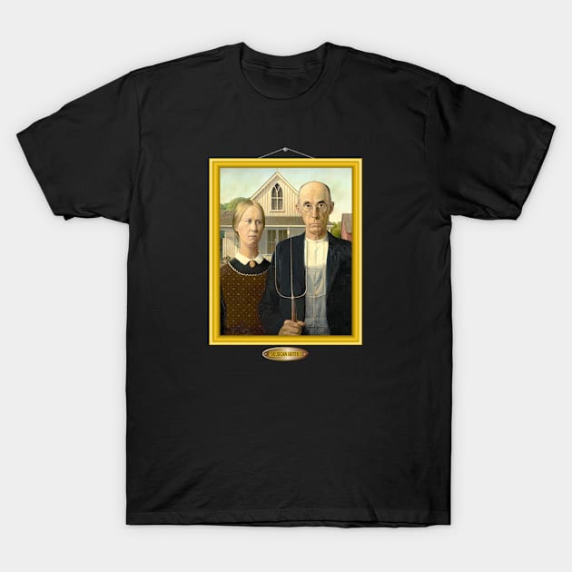 American Gothic House Farmer Picture Famous Painting T-Shirt by SpaceManSpaceLand